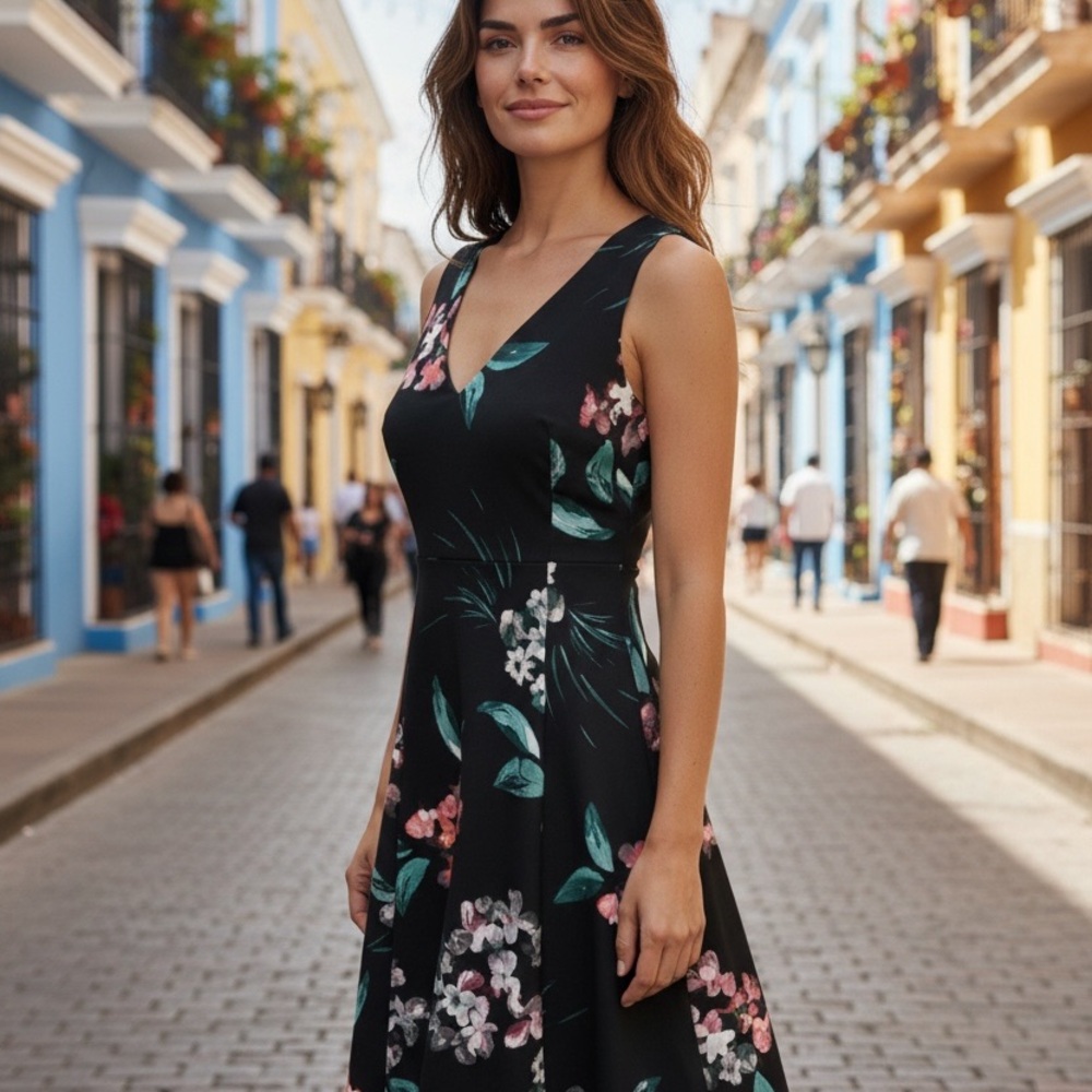Donna Karan Black Floral Midi Dress